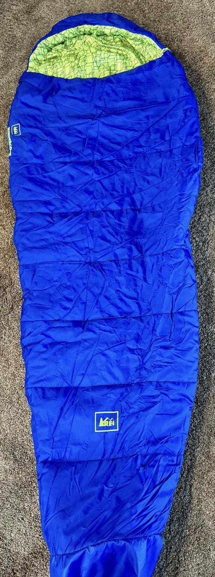 REI Co-Op Kindercone Mummy Sleeping Bag 30 F Kids Youth Yellow Blue Camping CLEAN