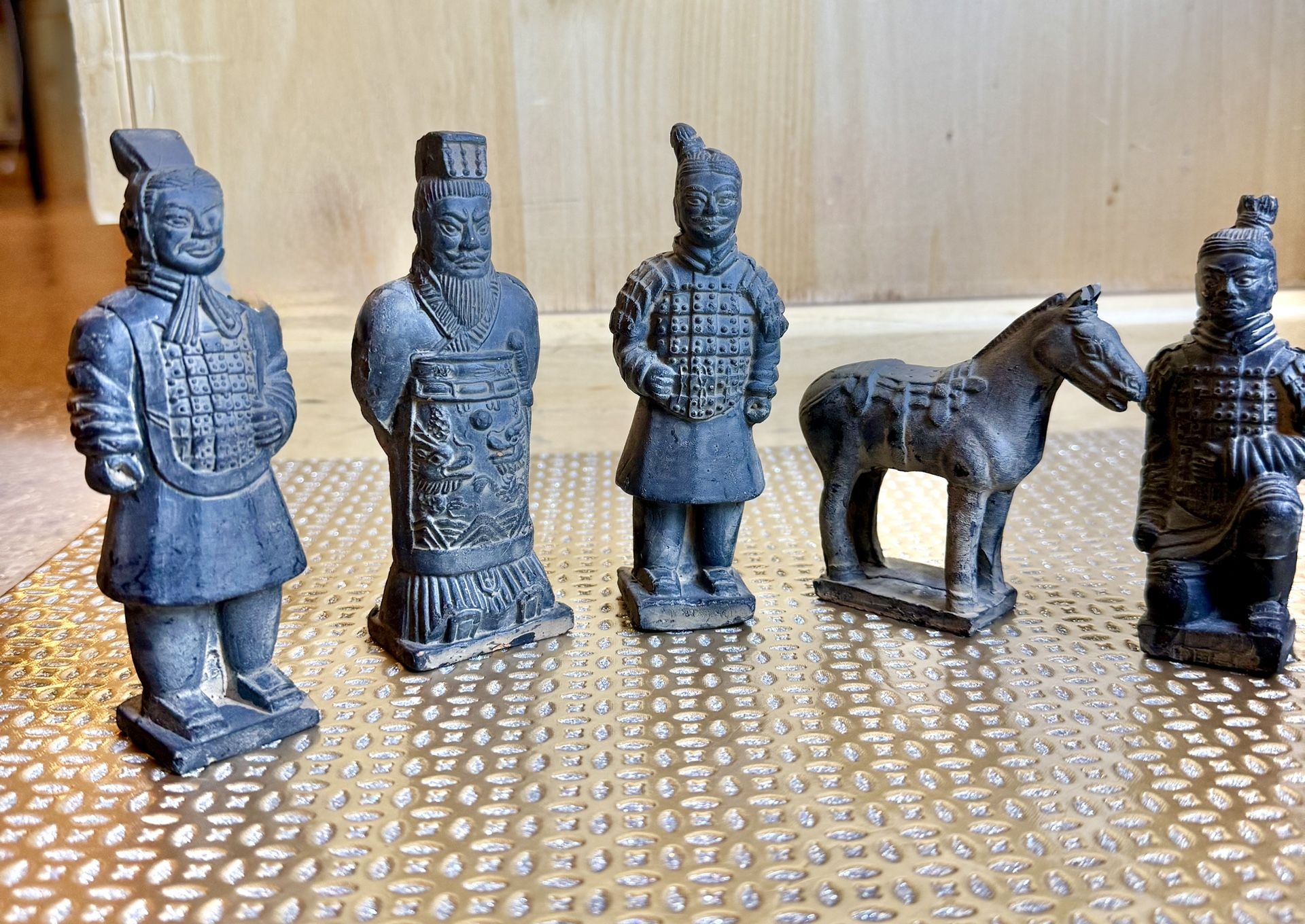 Terracotta Warrior Chinese Soldiers & Horse Figurines, Lot Of 5 Clay Statues
