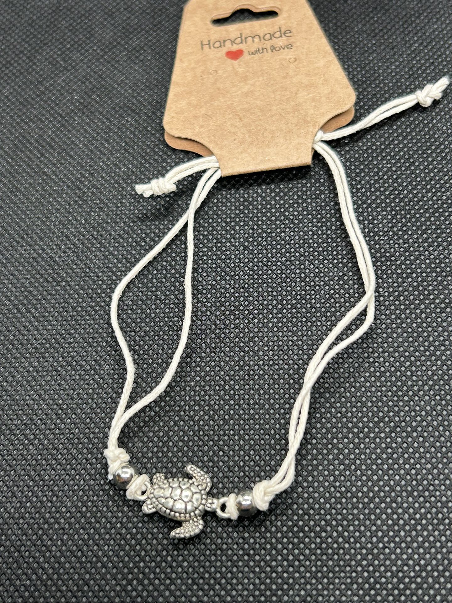 Stylish White Rope Anklet w/ Silver Tone Sea Turtle