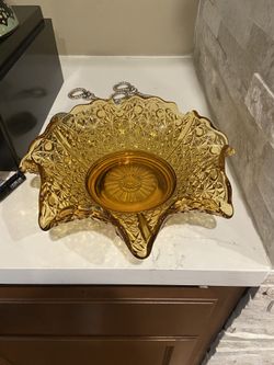 Vintage Fenton Daisy & Button Amber Glass Bowl Ruffled Edge.