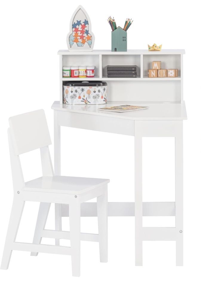 New Assembled Kids Desk, Kids Corner Desk and Chair Set, Children Study Table with Storage and Hutch