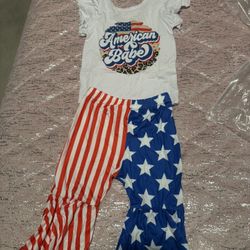 Baby's "American Babe" Print 2pcs Independence Day Outfit, Cap Sleeve Triangle Bodysuit & Headband & Flared Pants Set, Toddler & Infant Girl's Clothes