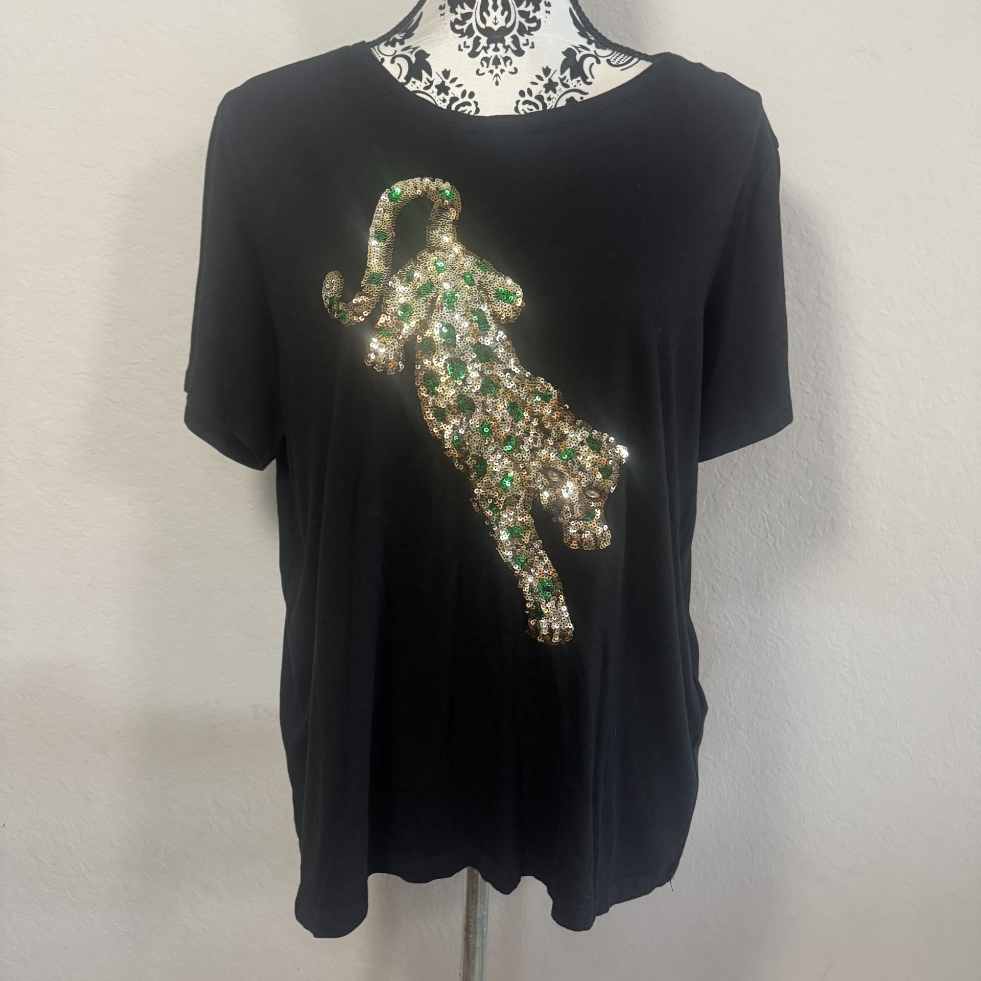 H&M Women's Black Sequin Tiger Short Sleeve T-Shirt Top Size XL