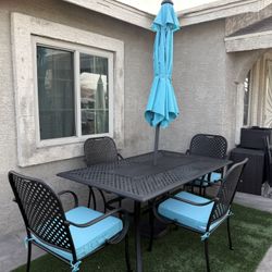 Patio Outdoor Furniture Dining Set With 4 Chairs And Umbrella ☂️ With LED Lights 