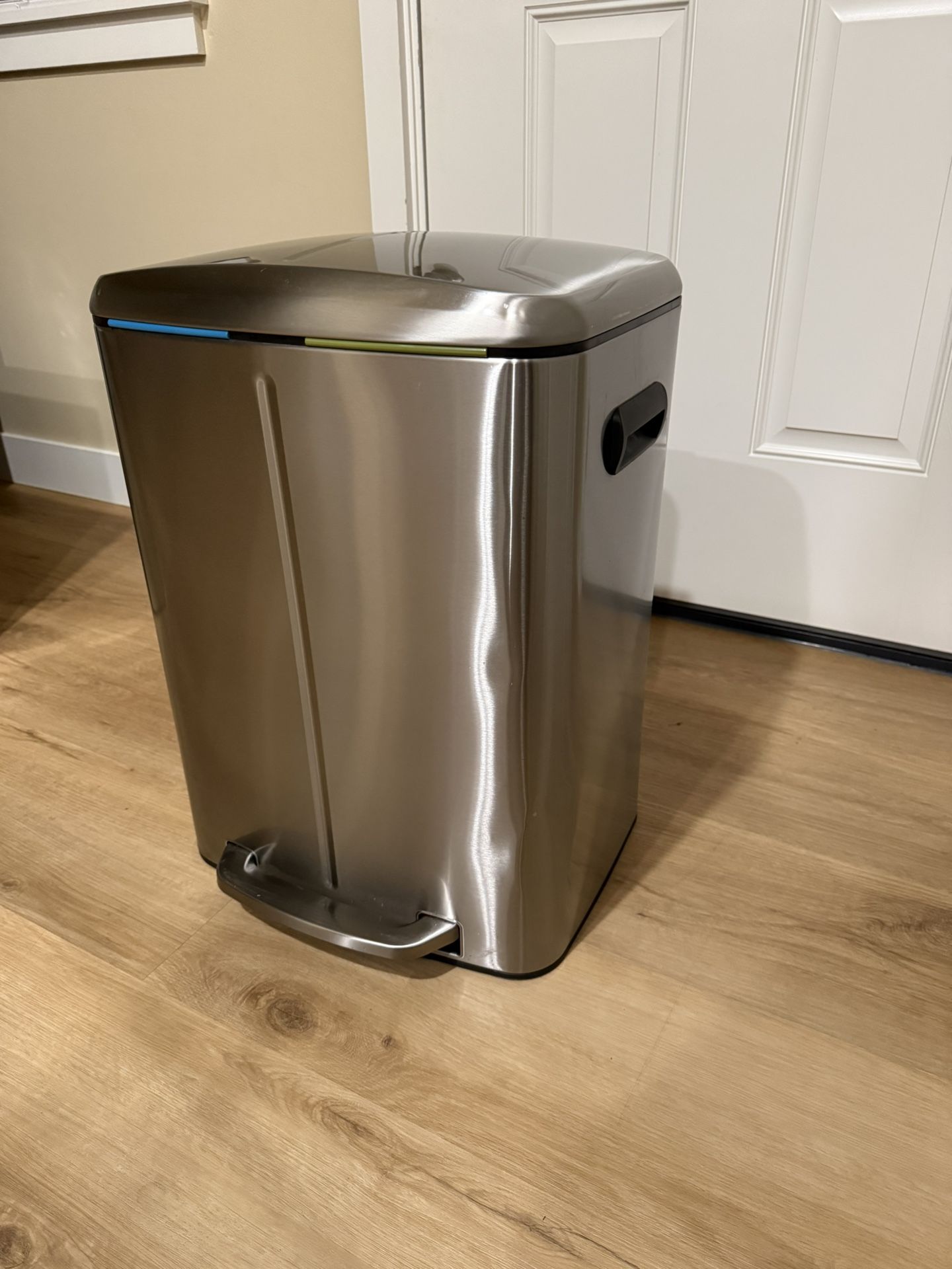 Trash can . Organize It All 40 L Dual Compartment Recycling Bin, 17.5" x 16.2" x 23.6", Stainless Steel