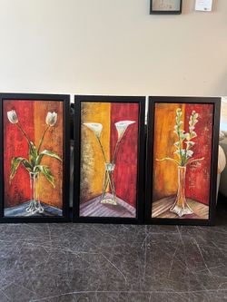 SOLD - Triptych of Vibrant Floral Canvas Art in Black Frames