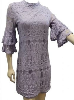 Sharagano Purple Lace Tiered Ruffle 3/4 sleeve above knee Dress Size 8