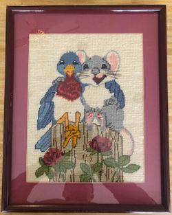 Vintage Framed Bird and Mouse Needlepoint