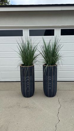 Tall Dark Blue Woven Planter Pots + Greenery – Set of 2
