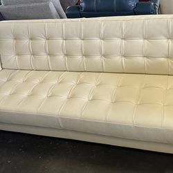 New High-Quality Cream Color Leather Convertible Sleeper Sofa w/ Queen Size Mattress (82” x 41”)