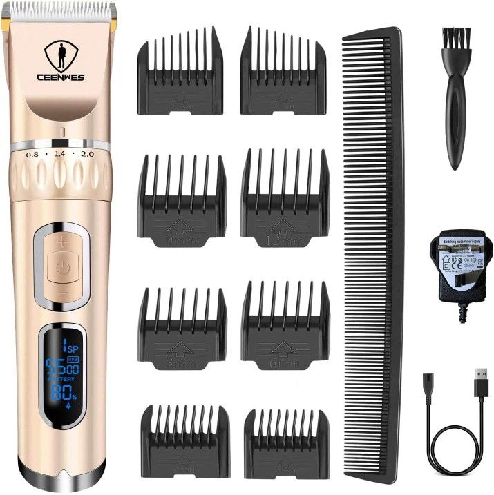Ceenwes Hair Clippers 3-Speed Cordless Heavy Duty Clippers for Men Quiet Hair Trimmers Rechargeable Hair Removal Machine with 8 Guide Combs-Golden