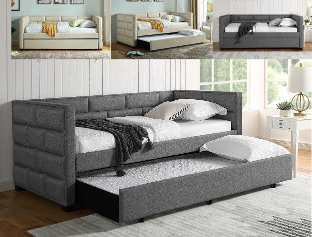 Brand new grey linen brick style twin twin daybed + 2 bamboo twin mattresses