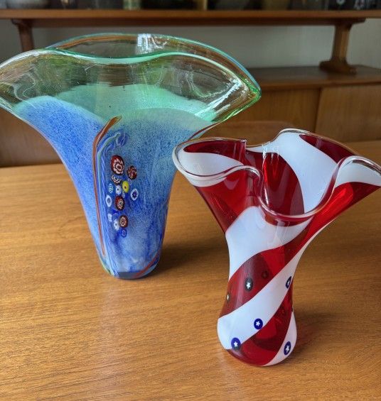 Fourth of July hand blown vases, red, white, and blue