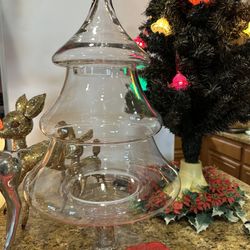 Vintage Glass Christmas Tree 🌲 Apothecary Pedestal Base. Candy Jar Two Piece Clear