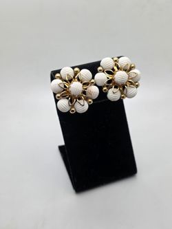 Coro Gold Tone and White Floral Cluster Clip-On Earrings