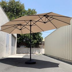 (NEW) $115 Large 15 FT Double Sided Outdoor Umbrella with 65 LBS Plastic Weight Base (Beige color) 
