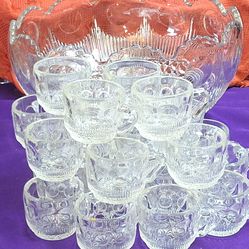 Antique Early American Pressed Glass (EAPG) Punch Bowl set in the "Manhattan" pattern by U.S. Glass 14 Inch Diameter and 23 glasses G10L023
