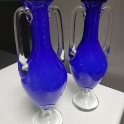 Pair Lapis Blue Footed Tapered Double-handled Cased Glass Vases