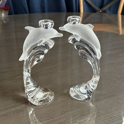 Lenox Fine Crystal Dolphin Candle Holders • Made in Germany • 9.5” Tall (Set of 2)