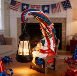 Patriotic Solar Garden Gnome with Lantern