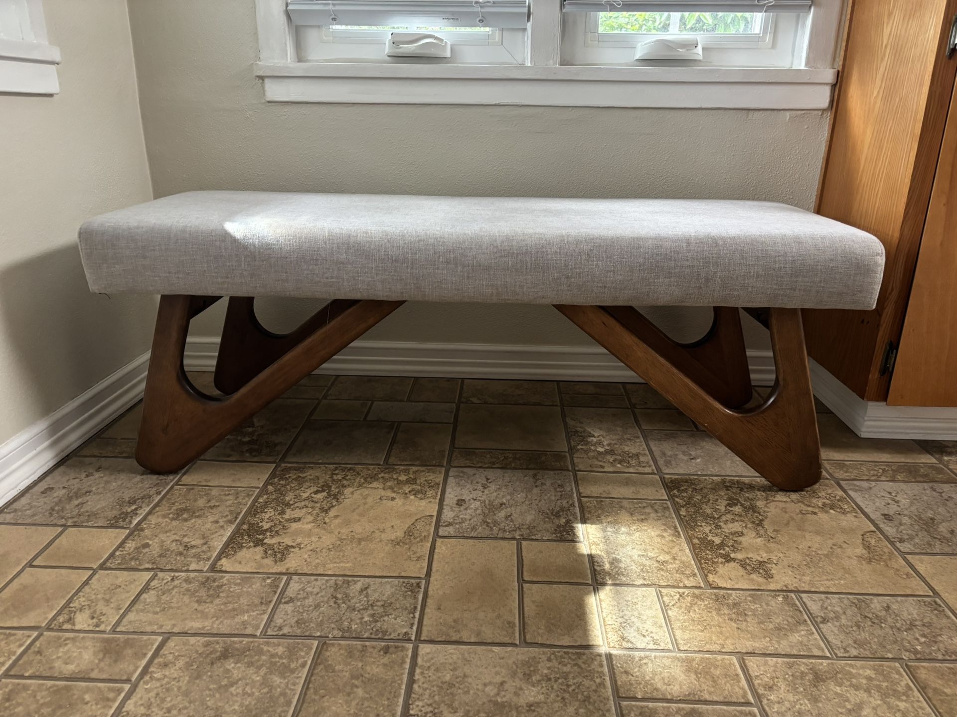Grey Upholstered Walnut Brown Bench