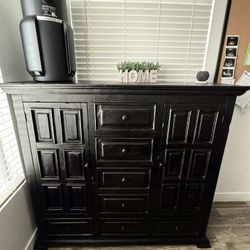 See Dimensions ~ Large Black Dresser Hutch With Seven 7 Drawers And 2 Cabinets With Shelf
