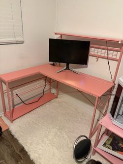 Pink L-Shaped Gaming Desk with Shelves