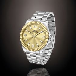 Invicta Specialty Men's 43MM Watch Gold Dial, Silver Metal Band Fluted Bezel-New