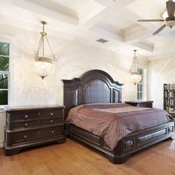 Vintage Marge Carson Georgia King Size Leather & Nailhead High Back Bedroom set 2 nightstands and tv cabinet