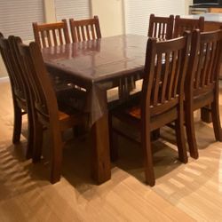 9 Piece Dining Table Set- Wooden, walnut brown.
