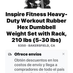 Inspire Fitness Heavy- Duty Workout Rubber Hex Dumbbell Weight Set with Rack, 210 Ibs (5-30 lbs)