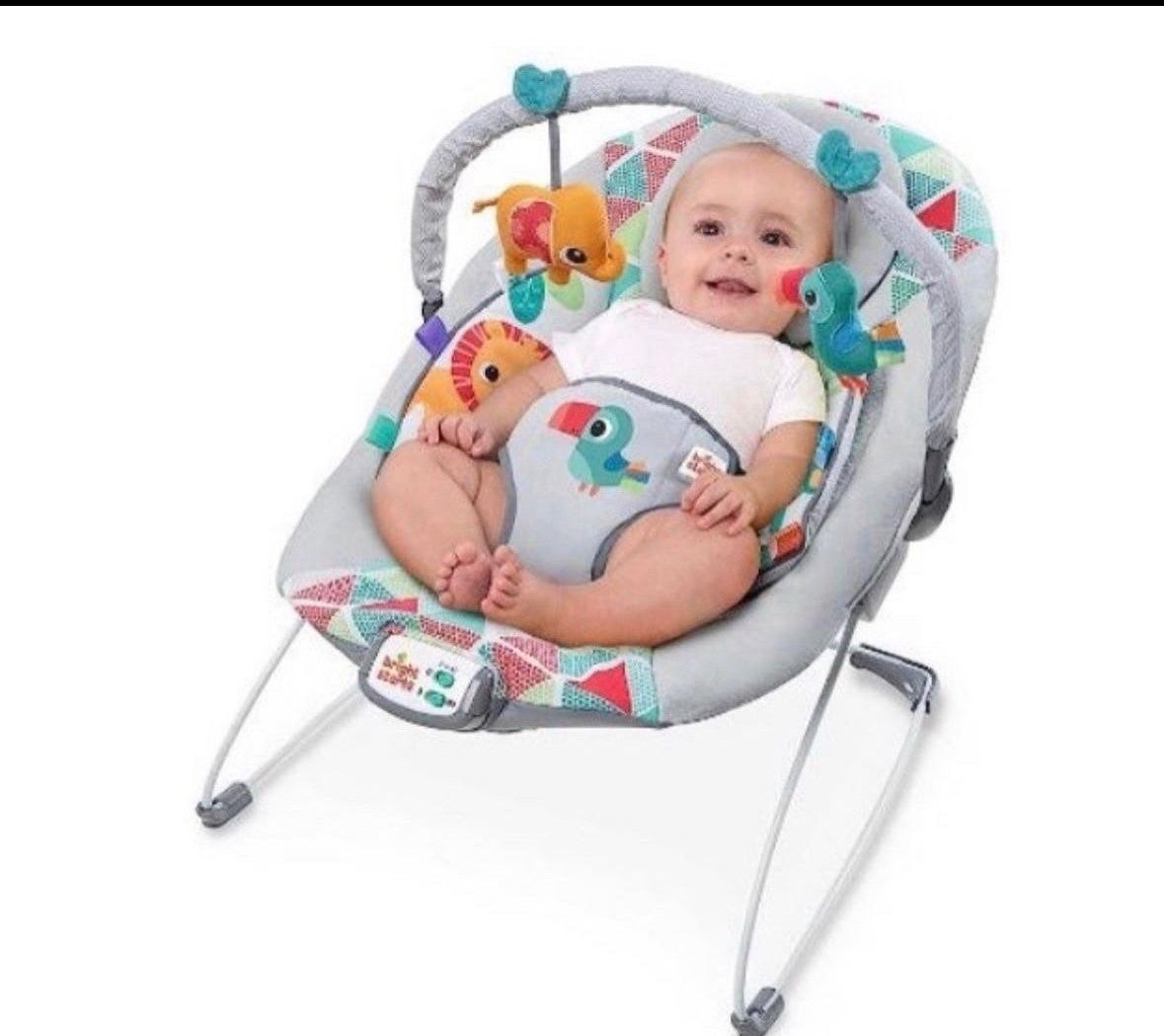 Bright Starts Baby Bouncer Soothing Vibrations Infant Seat - Taggies, Music, Removable-Toy Bar, 0-6 Months Up To 20 Lbs (Toucan Tango)  Box is damaged