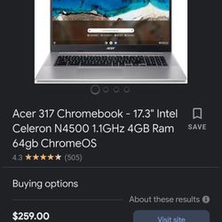 Acer 317 Chromebook - 17.3" Intel Celeron N4500 1.1GHz 4GB Ram 64GB Chrome OS