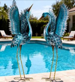 Garden Crane Statues for Outdoor, Blue Heron Decoy Courtyard Sculptures, Standing Metal Bird Yard Art for Patio Pond Backyard Decor(Set of 2)