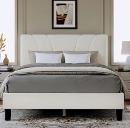 White Upholstered Platform Bed Frame
