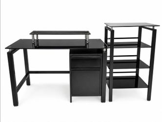 Black glass and metal computer desk with detachable riser and separate shelf