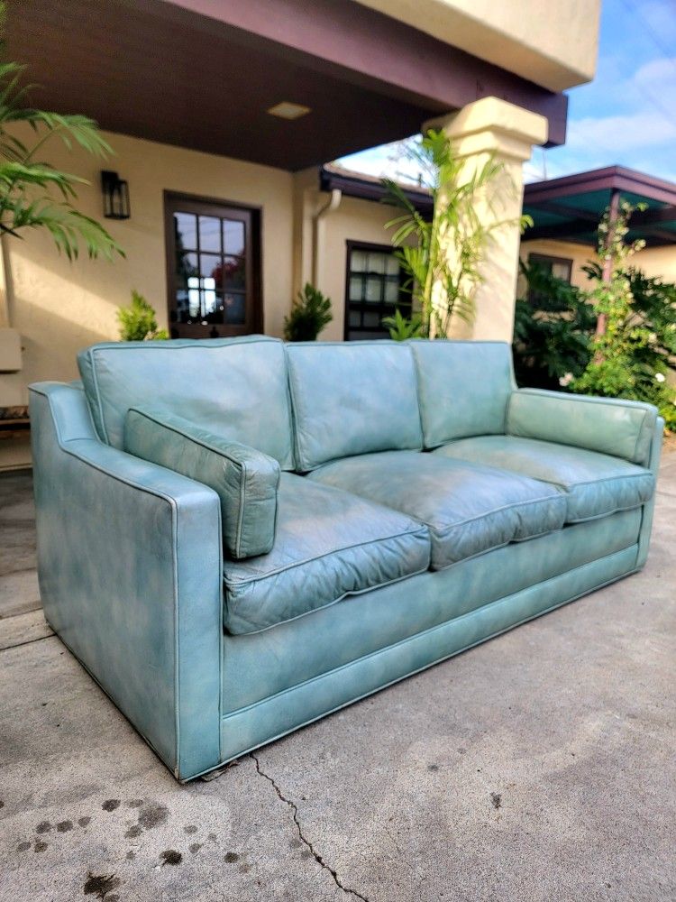 Mid Century Teal Leather 3 Seater Sofa
