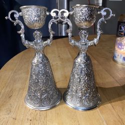 Vintage Antique Woman Figural Wedding Cup German Silver Plate Bride Groom Pair 