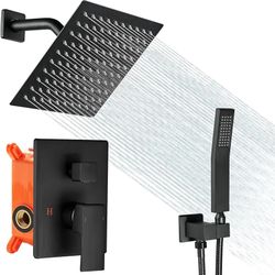 Black Square Rainfall Shower Head and Handle Set, Wall Mounted Shower Fixtures, Metal Shower Faucet Trim Repair Kits (With Shower Valve) (Matte Black,