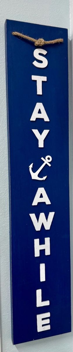 Nautical Navy Blue Wooden Porch Sign – "Stay Awhile" Anchor Decor