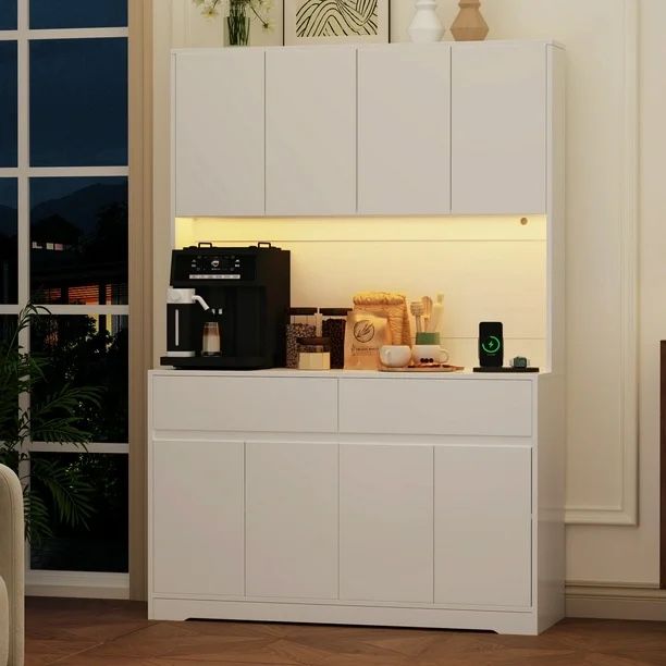 71'' Tall Coffee Bar Cabinet with LED Light & Power Charging Station, 47"W Modern Kitchen Pantry Hutch w/ 8-Door Storage Cabinet & 2 Drawers 4 Adjusta