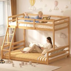 LE52 $150  TOLEAD Low Bunk Bed Twin Over Full Size, Floor Twin Over Full Bunk Bed with Ladder, Wooden Bunk Bed with Full Guardrails, Low Bunk Bed for 
