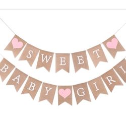 NEW! "Sweet Baby Girl" Brown Burlap Banner with Pink Hearts & White Letters