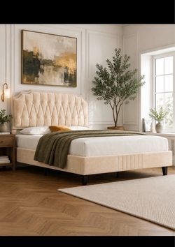 Cream Velvet Tufted Upholstered Bed Frame