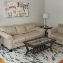 2 Couches, 2 End Glass Tables & Glass Coffee Table