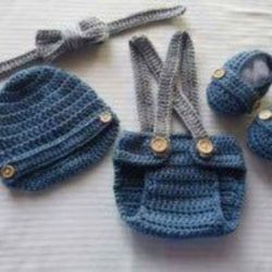 Crochet Baby Boy Suspenders Newsboy Hat Diaper Cover Outfit Photo Prop 