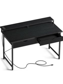 Rolanstar Computer Desk with 2 Drawers and Power Outlet, 47" Home Office Writing Desk with Monitor Stand, Workstation Table with Stable Metal Frame, B