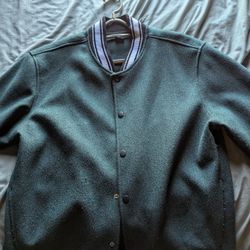 Letterman Style Jacket  Solid Green And Black And White Trim