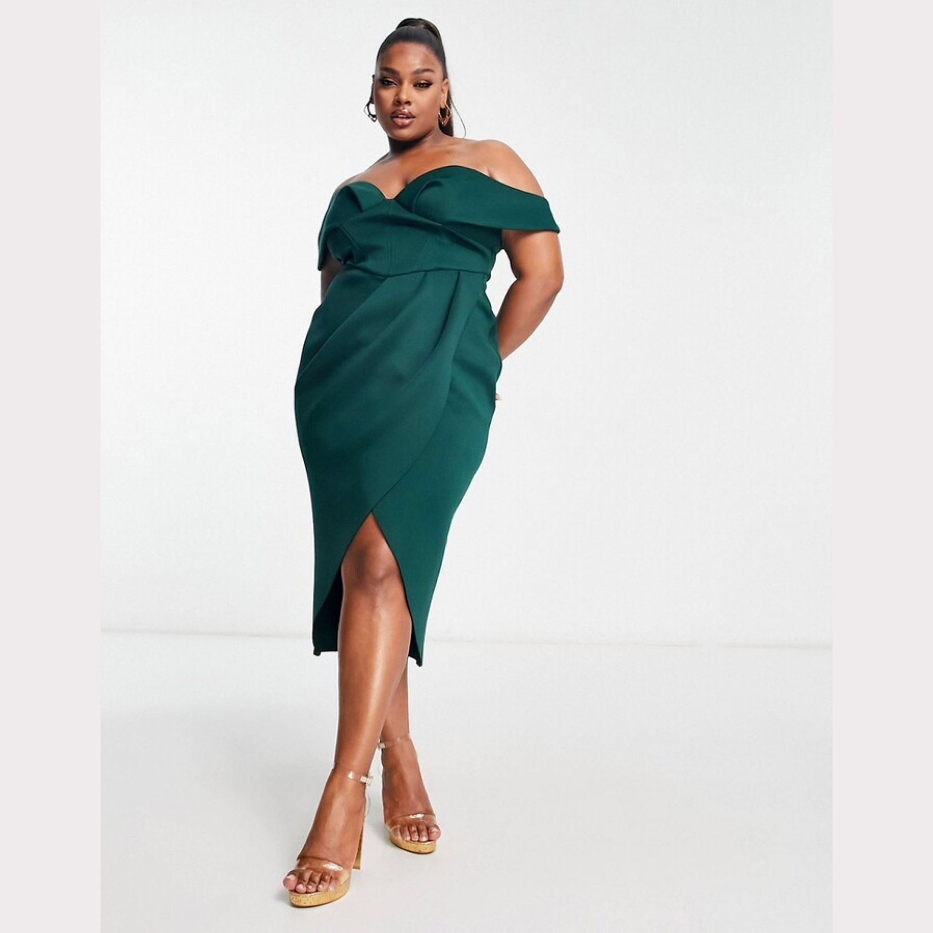 Brand new, forest green, off the shoulder, corset midi wrap skirt dress.