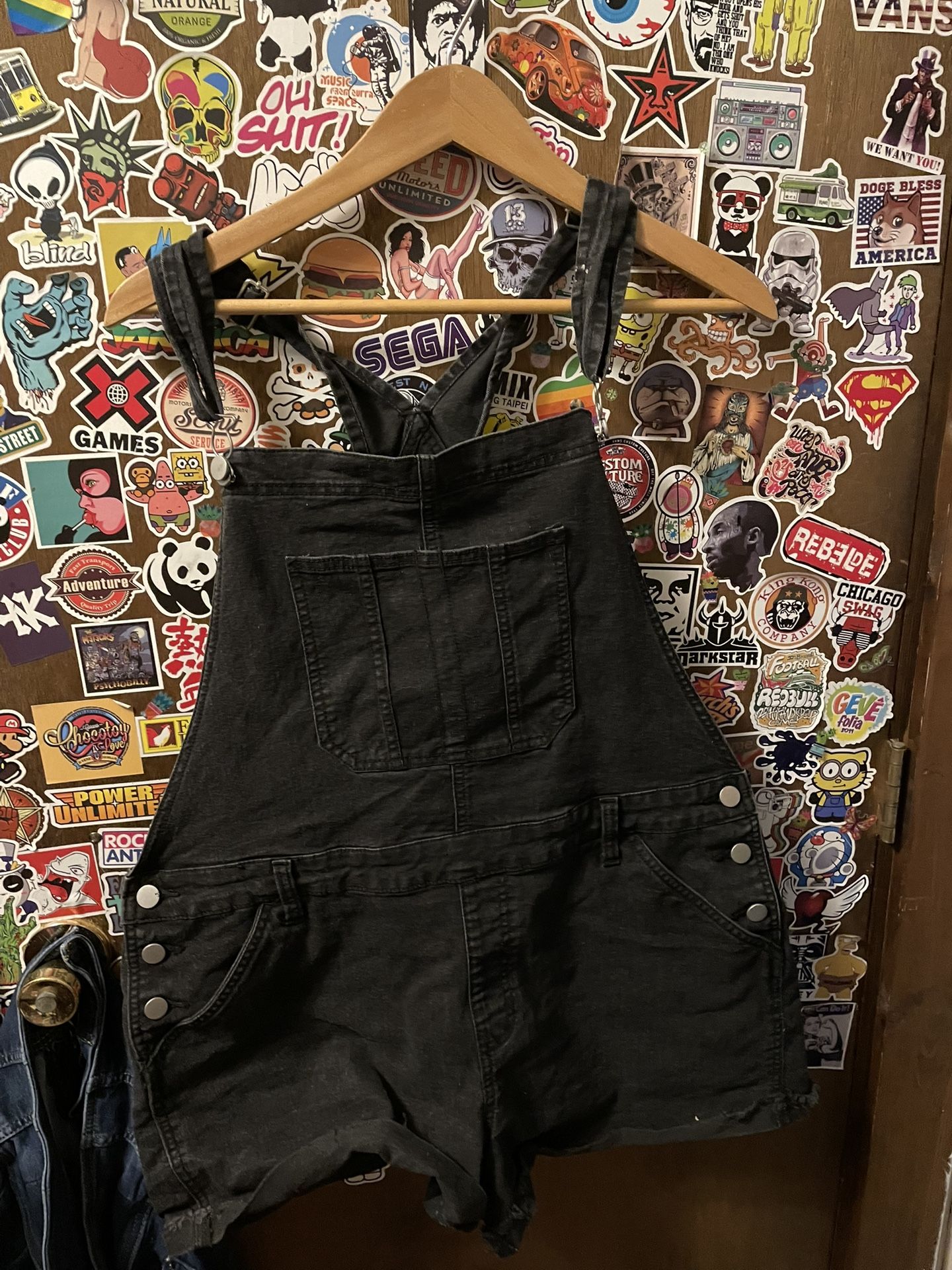 black denim overall shorts
